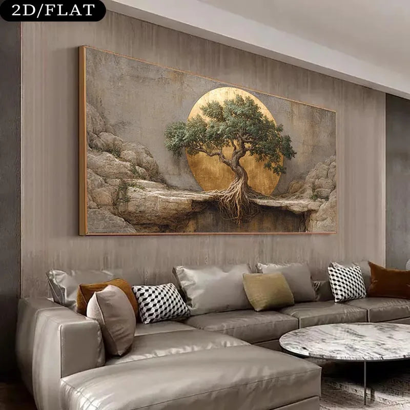 A large framed wall art piece showing a stylized tree with exposed roots in front of a golden circular backdrop, displayed above a modern sectional sofa in a living room setting.