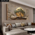 A large framed wall art piece showing a stylized tree with exposed roots in front of a golden circular backdrop, displayed above a modern sectional sofa in a living room setting.