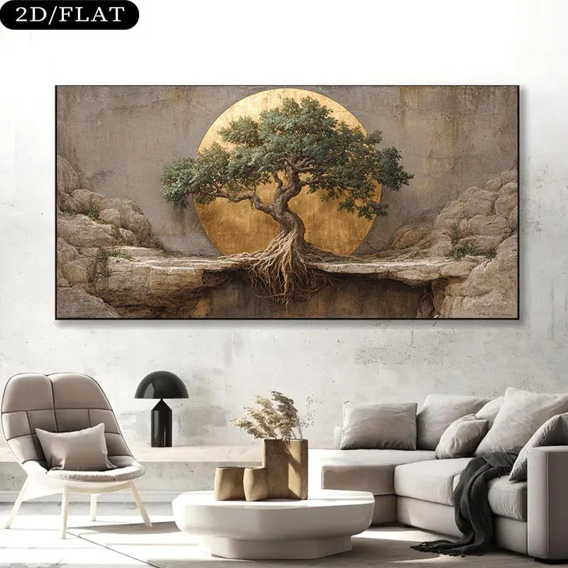 A large wall art piece hangs above a modern living room sofa. The artwork shows a gnarled bonsai-style tree with exposed roots set against a large gold circular backdrop, with rocky cliffs and a textured beige sky.