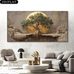 A large wall art piece hangs above a modern living room sofa. The artwork shows a gnarled bonsai-style tree with exposed roots set against a large gold circular backdrop, with rocky cliffs and a textured beige sky.
