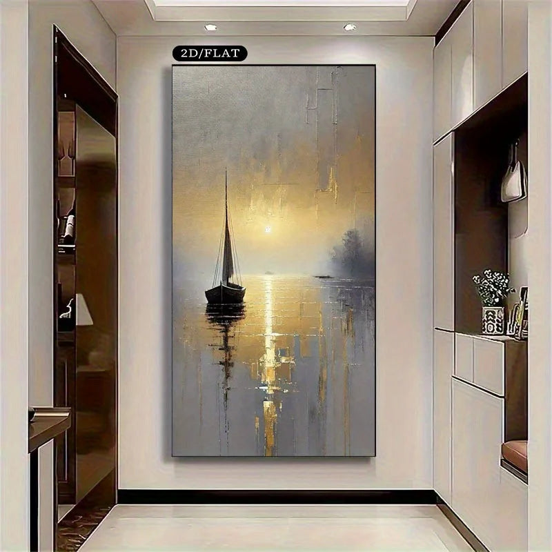 A 2D flat canvas wall art print depicting a serene sunset over a lake with a sailboat, displayed in a modern hallway setting.