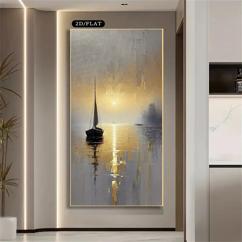 A vertical canvas art print depicting a minimalist sailboat on a reflective water surface at sunset, displayed on a beige wall in a modern interior setting.