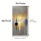 A vertical wall art print showing a misty seascape with a sailboat on calm water at sunrise, labeled 'No Frame' with dimensions 140 cm tall and 70 cm wide, plus '2D/FLAT' text on a white background.