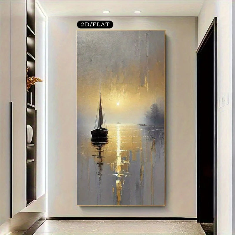 A vertical abstract canvas painting of a sailboat on water at sunset, displayed on a beige wall in a modern hallway. The painting features a dark sailboat and its reflection on a gray and gold water surface.
