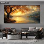A large wall art print showing a golden sunset over a lake with a large tree, displayed above a modern gray sofa in a styled living room. The text '2D/FLAT' appears in the top-left corner.