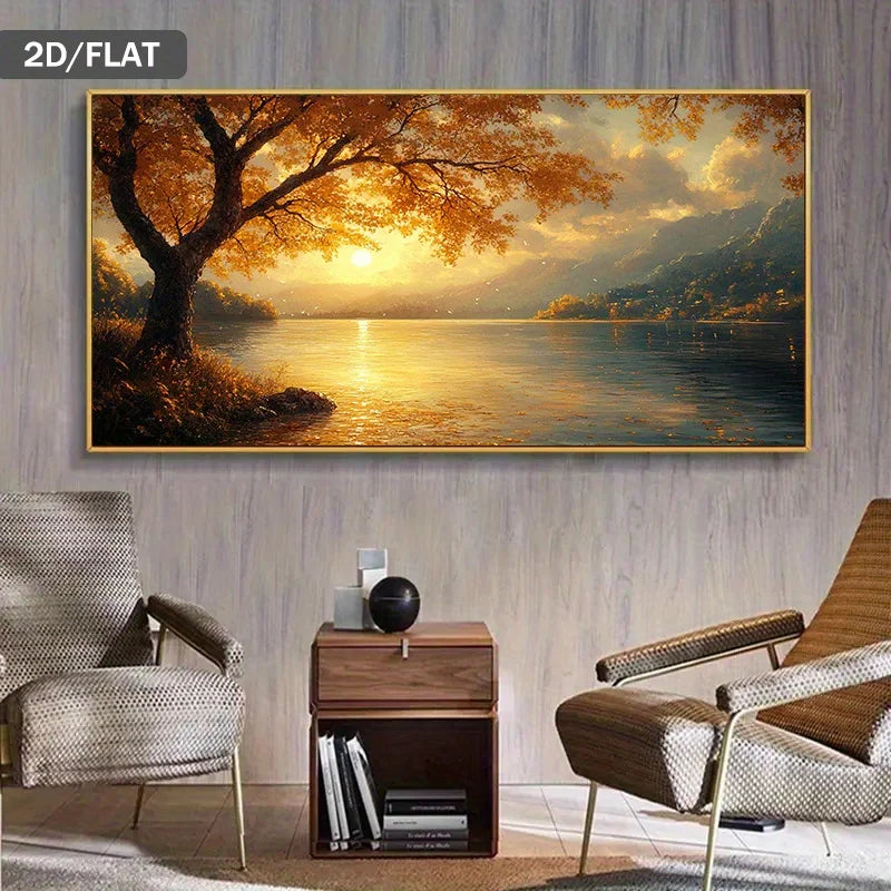 A landscape painting of a golden autumn tree by a lake at sunset, displayed on a gray textured wall above a wooden side table in a modern living room setting.