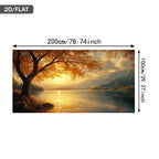 A scenic wall art print showing a lake at sunset with a large tree in the foreground, mountains in the distance, and golden light reflecting on the water. Black dimension arrows and text indicate the print is 200cm by 100cm.