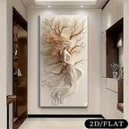 Abstract wall art of a woman intertwined with tree branches in a modern interior setting.