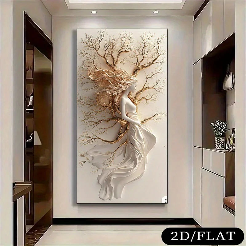 Abstract wall art of a woman intertwined with tree branches in a modern interior setting.