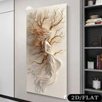 Decorative wall art of a woman intertwined with tree branches in a modern interior setting.