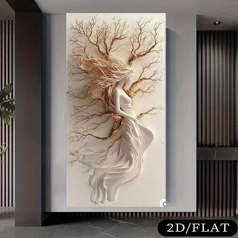 Decorative wall art of a woman intertwined with tree branches on a plain background