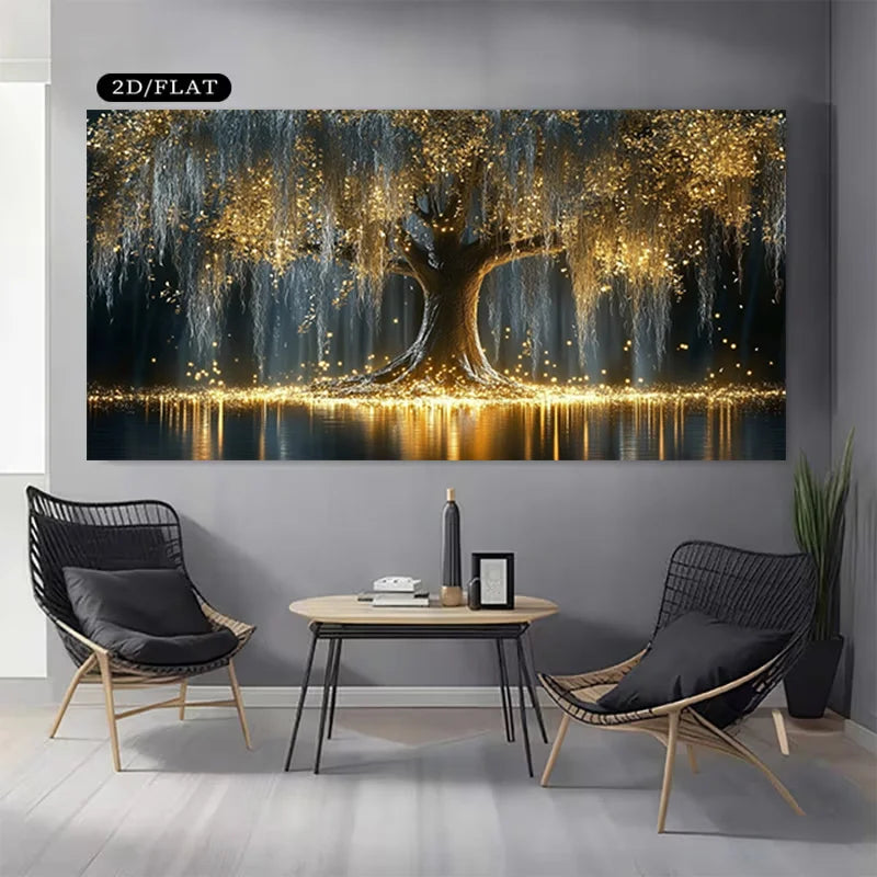 A large rectangular wall art print showing a glowing tree with golden light reflections, displayed above a small round table and two black chairs in a modern room. 