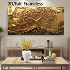 A large framed wall art piece featuring a stylized golden tree of life in metallic gold and brown tones, displayed above a wooden console table in a modern living room setting.
