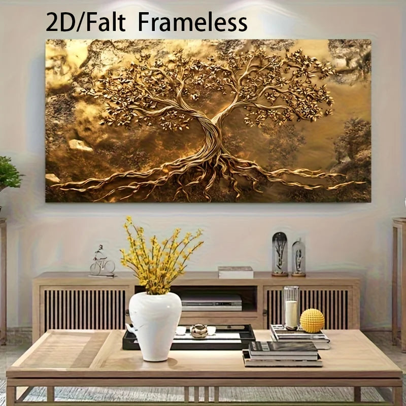 A large framed wall art piece featuring a stylized golden tree of life in metallic gold and brown tones, displayed above a wooden console table in a modern living room setting.