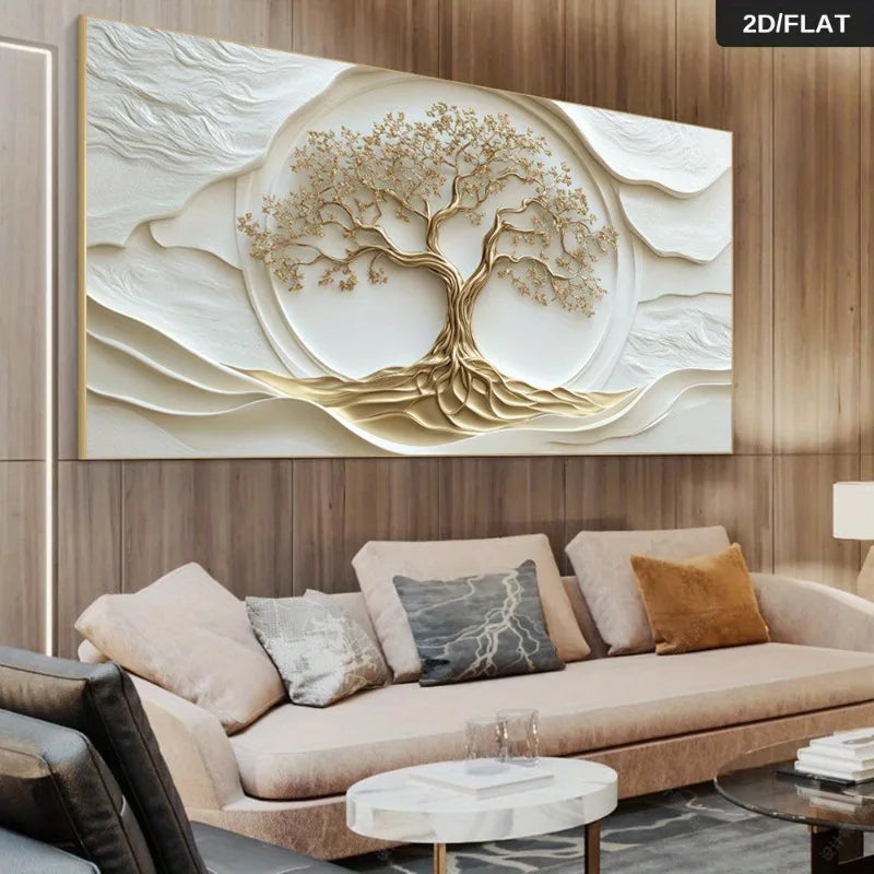 Golden Tree of Life Wall Art – Luxury Modern Neutral Canvas Print with Intricate Gold Branch & Root Design for Contemporary Living Room