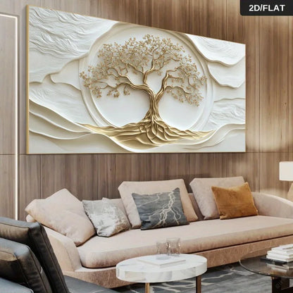 Golden Tree of Life Wall Art – Luxury Modern Neutral Canvas Print with Intricate Gold Branch & Root Design for Contemporary Living Room
