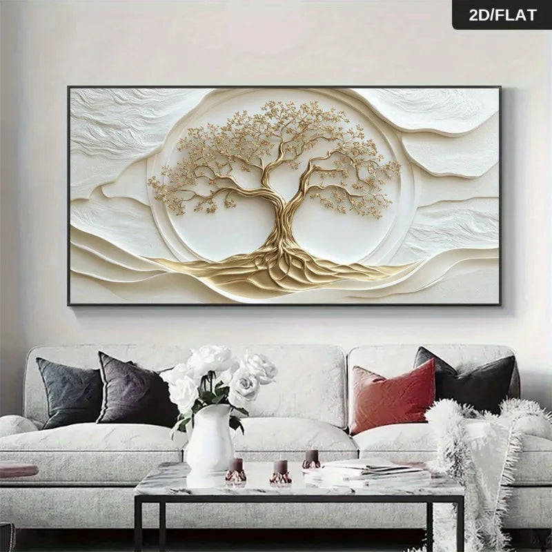 Golden Tree of Life Wall Art – Luxury Modern Neutral Canvas Print with Intricate Gold Branch & Root Design for Contemporary Living Room