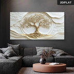 Golden Tree of Life Wall Art – Luxury Modern Neutral Canvas Print with Intricate Gold Branch & Root Design for Contemporary Living Room