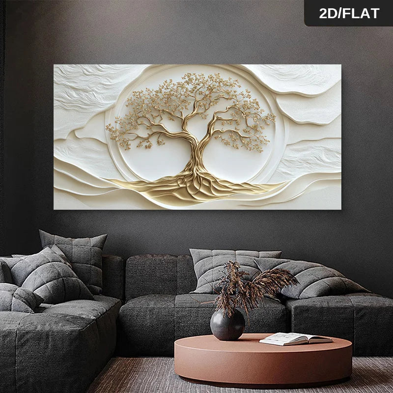 Golden Tree of Life Wall Art – Luxury Modern Neutral Canvas Print with Intricate Gold Branch & Root Design for Contemporary Living Room