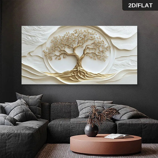 Golden Tree of Life Wall Art – Luxury Modern Neutral Canvas Print with Intricate Gold Branch &amp; Root Design for Contemporary Living Room