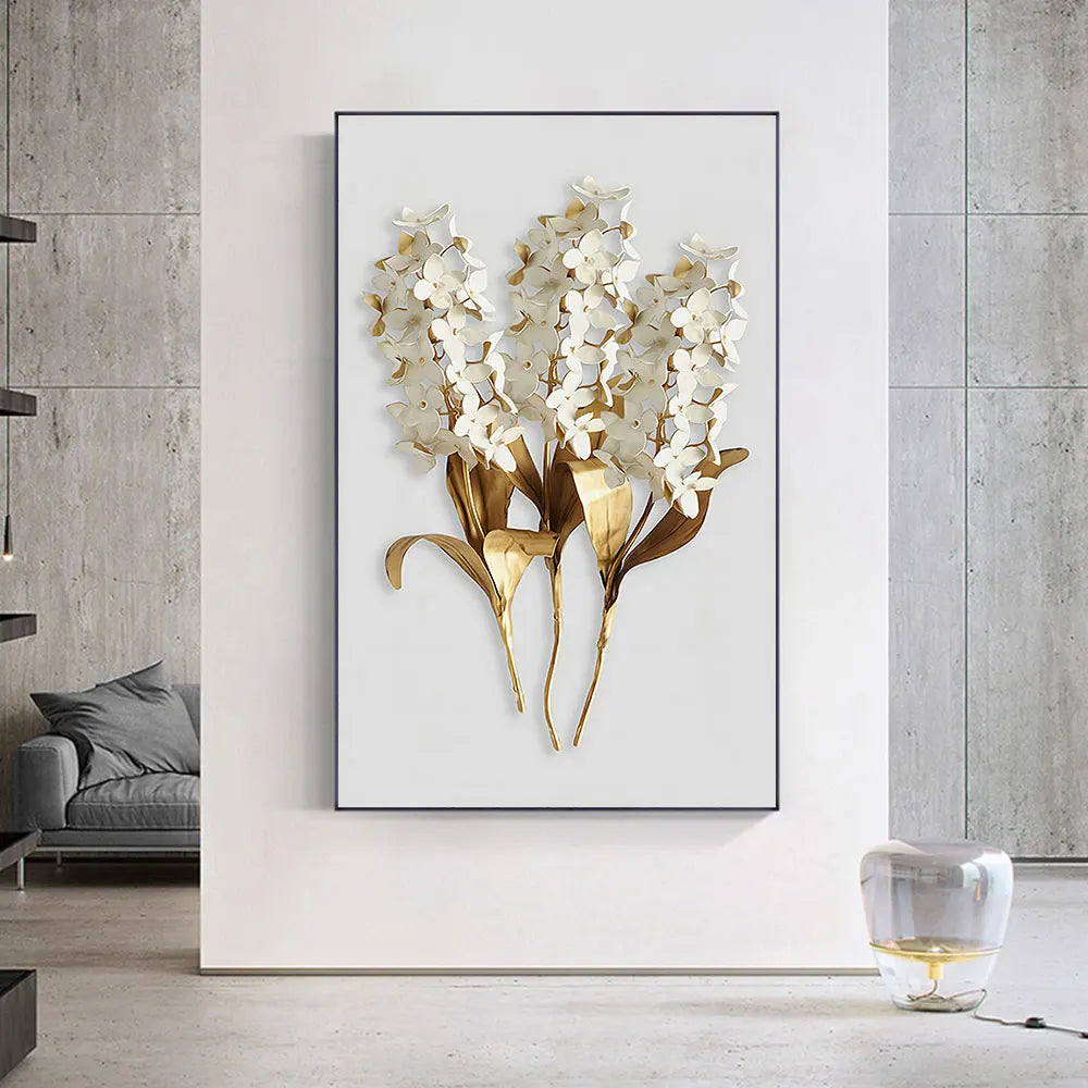 Golden White Floral Abstract Wall Art Fine Art Canvas Print - Modern Botanical Picture For Foyer Living Room Dining Room Art For Contemporary Home Office Interiors
