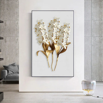 Golden White Floral Abstract Wall Art Fine Art Canvas Print - Modern Botanical Picture For Foyer Living Room Dining Room Art For Contemporary Home Office Interiors