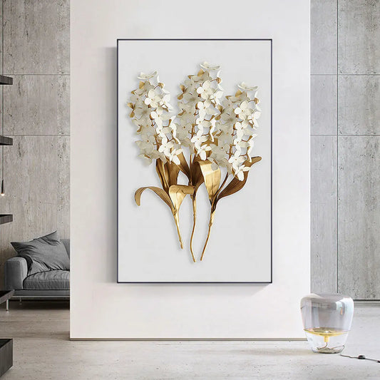 Golden White Floral Abstract Wall Art Fine Art Canvas Print - Modern Botanical Picture For Foyer Living Room Dining Room Art For Contemporary Home Office Interiors