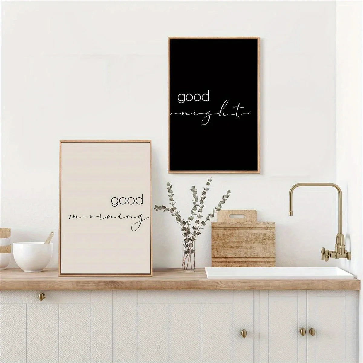 Good Morning & Good Night Typography Canvas Print Set – Minimalist Black‑and‑White Kitchen Wall Art for Modern Breakfast Nook, Coffee Bar & Contemporary Home Décor (Unframed)