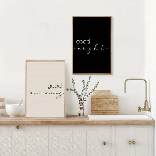 Good Morning & Good Night Typography Canvas Print Set – Minimalist Black‑and‑White Kitchen Wall Art for Modern Breakfast Nook, Coffee Bar & Contemporary Home Décor (Unframed)