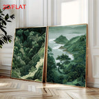 Green Forest & Coastal Landscape Canvas Print Set – Nature Scenic Wall Art with Lush Trees, Hills & Ocean Views for Living Room, Bedroom & Modern Rustic Home Décor (Unframed)