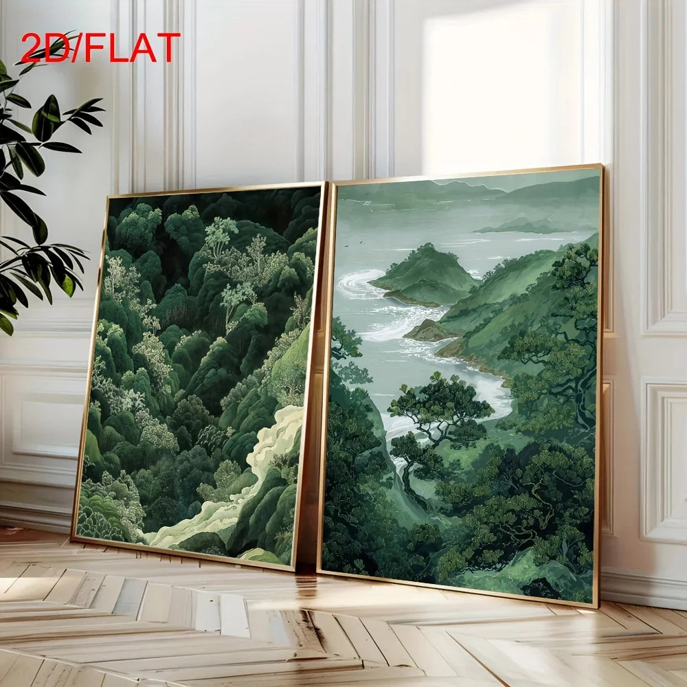Green Forest & Coastal Landscape Canvas Print Set – Nature Scenic Wall Art with Lush Trees, Hills & Ocean Views for Living Room, Bedroom & Modern Rustic Home Décor (Unframed)