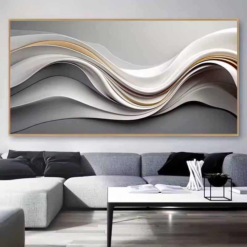 Grey Beige Minimalist Abstract Flowing Lines Wall Art Fine Art Canvas Prints - Modern Artwork For Living Room Above The Sofa Wide Art For Above The Bed