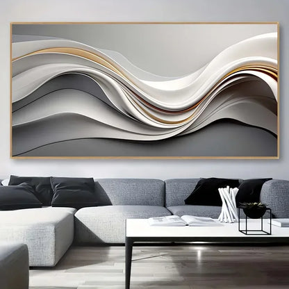 Grey Beige Minimalist Abstract Flowing Lines Wall Art Fine Art Canvas Prints - Modern Artwork For Living Room Above The Sofa Wide Art For Above The Bed