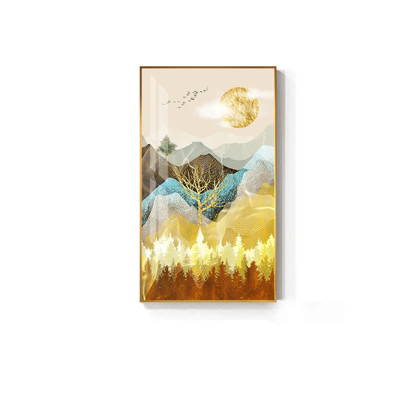 Golden Deer Auspicious Landscape Wall Art Fine Art Canvas Prints - Modern Luxury Abstract Artworks For Living Room Dining Room Home Office Art Decor
