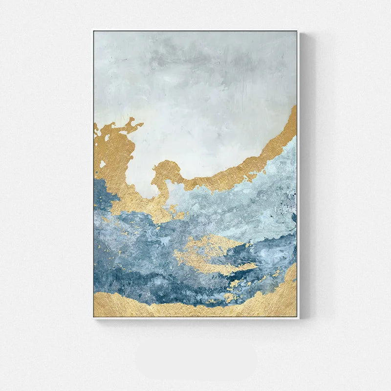 Golden Blue Marble Print Wall Art Fine Art Canvas Prints - Chic Abstract Pictures For Living Room Dining Room Home Office Art Decor