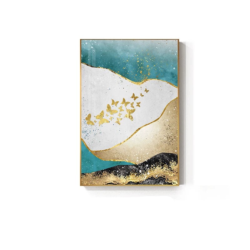 Golden Birds Butterfly Tree Auspicious Wall Art Fine Art Canvas Prints - Light Luxury Abstract Landscape Pictures For Living Room Dining Room Art For Modern Interiors