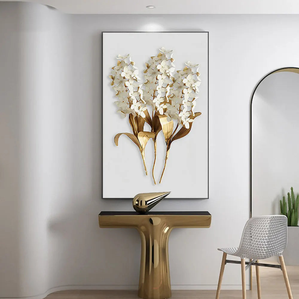 Golden White Floral Abstract Wall Art Fine Art Canvas Print - Modern Botanical Picture For Foyer Living Room Dining Room Art For Contemporary Home Office Interiors