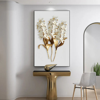 Golden White Floral Abstract Wall Art Fine Art Canvas Print - Modern Botanical Picture For Foyer Living Room Dining Room Art For Contemporary Home Office Interiors