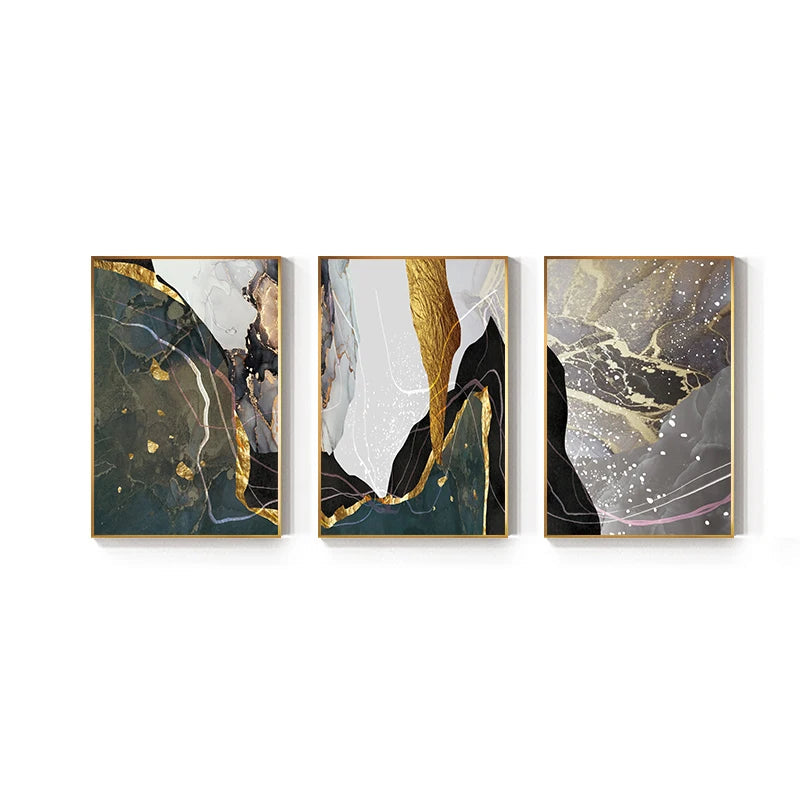 Nordic Abstract Golden Grey Green Geomorphic Marble Print Wall Art Fine Art Canvas Prints - Art For Modern Living Room Dining Room Meeting Room Boutique Hotel Art Decor
