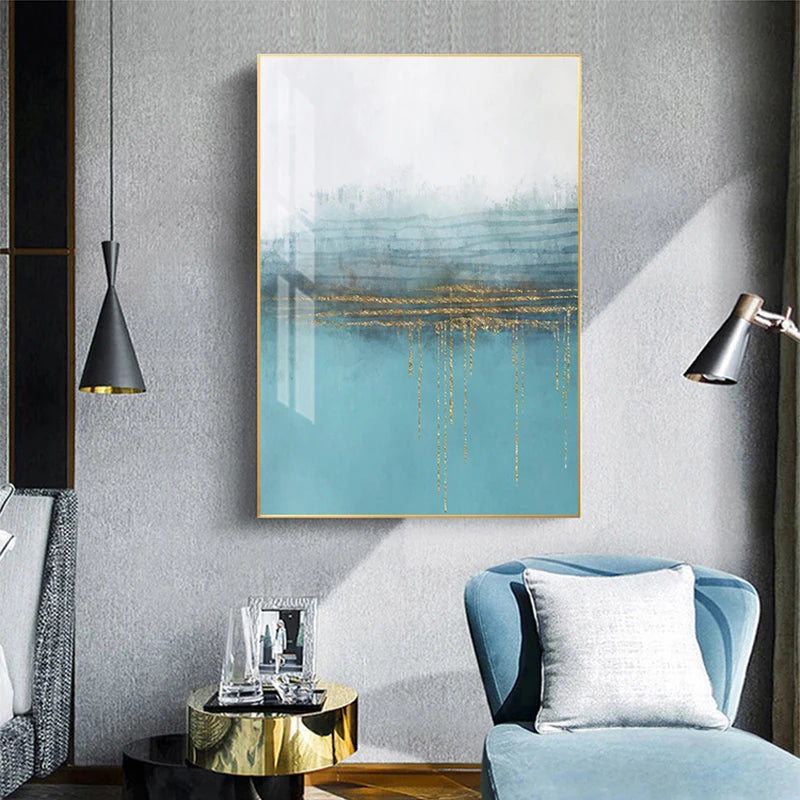 Minimalist Light Blue Grey Golden Abstract Wall Art Fine Art Canvas Prints - Art For Modern Apartment Living Room Bedroom Office Art For Contemporary Interiors