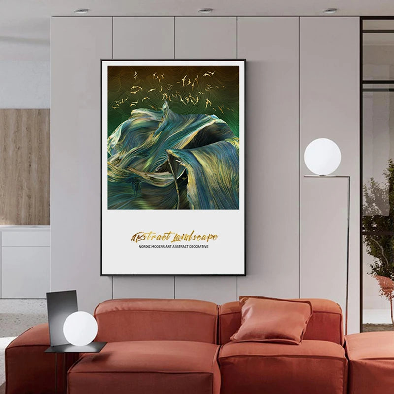 Golden Birds Flowing Abstract Landscapes Wall Art Fine Art Canvas Prints - Modern Art For Living Room Dining Room Light Luxury Auspicious Home Decor