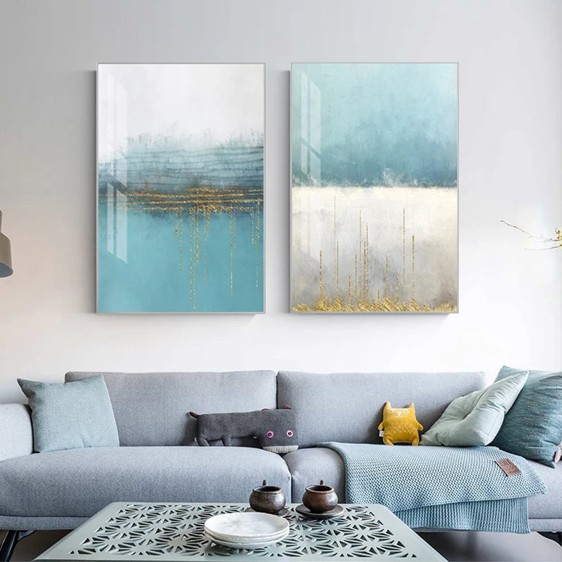 Minimalist Light Blue Grey Golden Abstract Wall Art Fine Art Canvas Prints - Art For Modern Apartment Living Room Bedroom Office Art For Contemporary Interiors