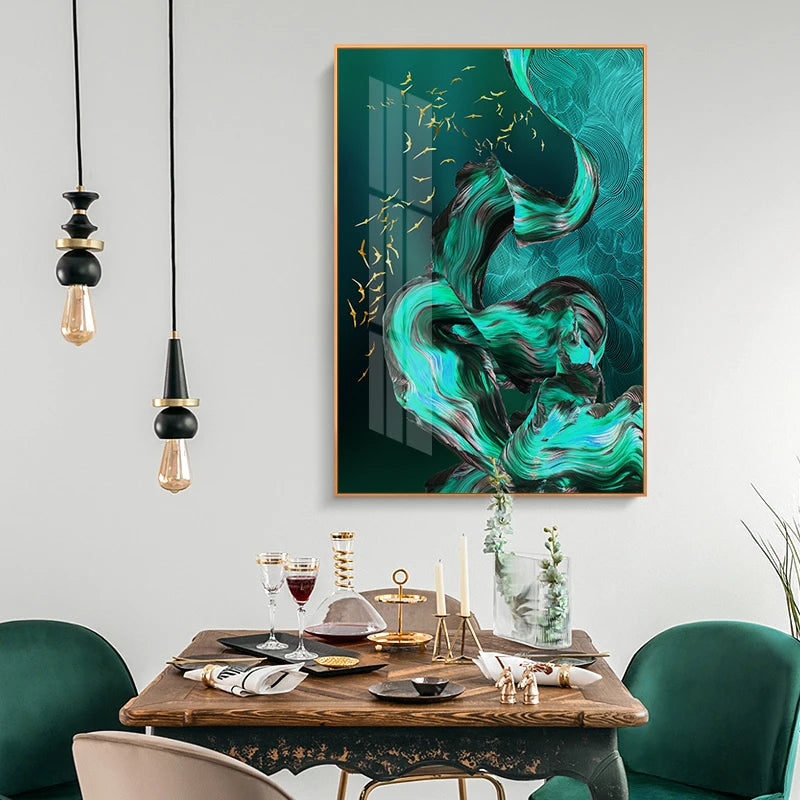 Golden Birds Flowing Abstract Landscapes Wall Art Fine Art Canvas Prints - Modern Art For Living Room Dining Room Light Luxury Auspicious Home Decor