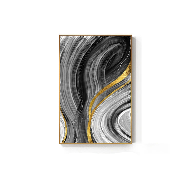 Blue Grey Golden Flowing Abstract Wall Art Fine Art Canvas Prints - Modern Artworks For Living Room Dining Room Bedroom Art For Light Luxury Home Decor