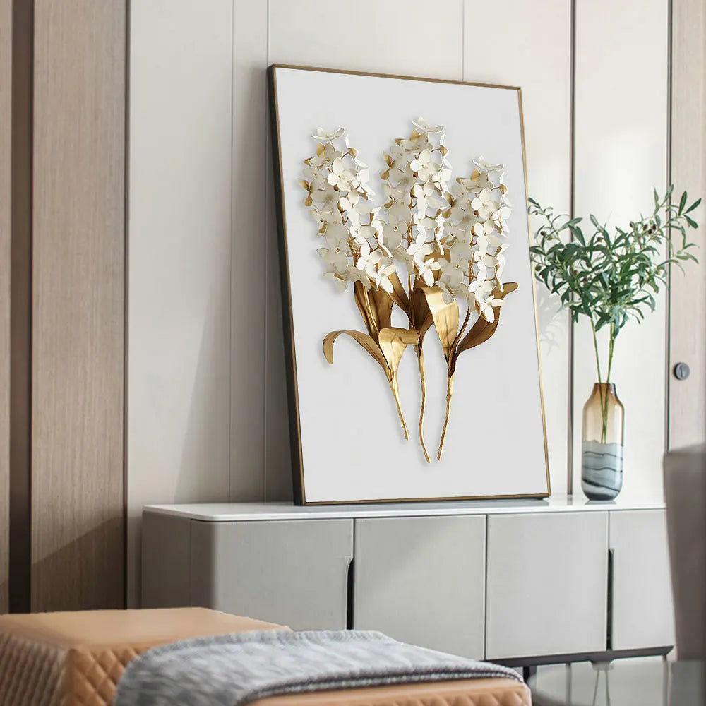 Golden White Floral Abstract Wall Art Fine Art Canvas Print - Modern Botanical Picture For Foyer Living Room Dining Room Art For Contemporary Home Office Interiors