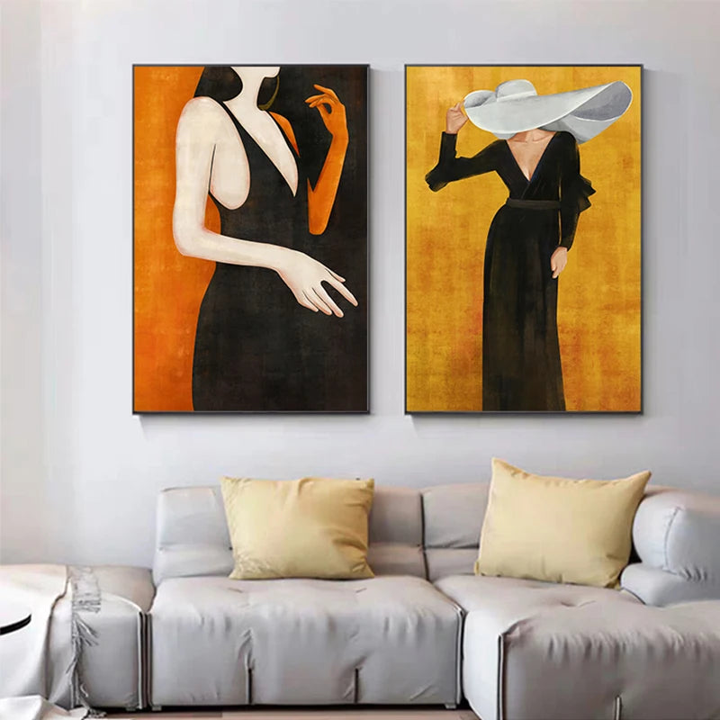 Girl In Black Dress Big Hat Fashion Wall Art Fine Art Canvas Prints - Modern Abstract Fashion Art For Living Room Boutique Salon Art Decor