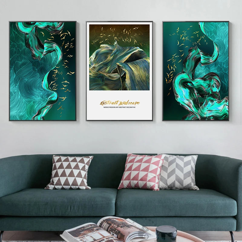 Golden Birds Flowing Abstract Landscapes Wall Art Fine Art Canvas Prints - Modern Art For Living Room Dining Room Light Luxury Auspicious Home Decor