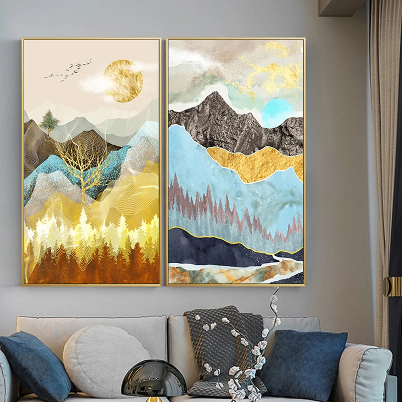 Golden Deer Auspicious Landscape Wall Art Fine Art Canvas Prints - Modern Luxury Abstract Artworks For Living Room Dining Room Home Office Art Decor