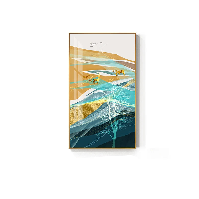 Golden Deer Auspicious Landscape Wall Art Fine Art Canvas Prints - Modern Luxury Abstract Artworks For Living Room Dining Room Home Office Art Decor