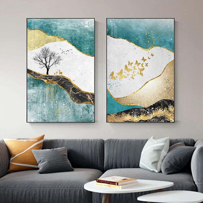 Golden Birds Butterfly Tree Auspicious Wall Art Fine Art Canvas Prints - Light Luxury Abstract Landscape Pictures For Living Room Dining Room Art For Modern Interiors